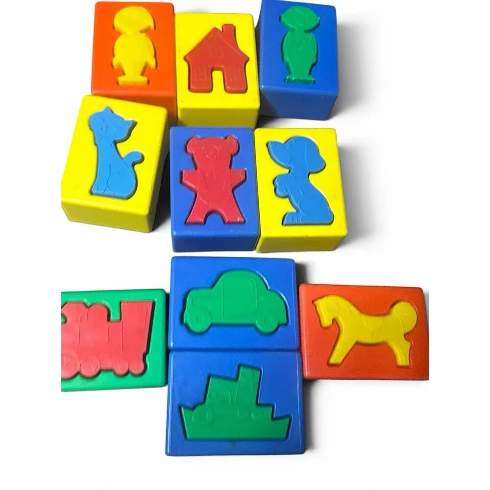 Lot of 10 Vintage KOHNER PUZZLE BLOCKS 1970’s – Matching Figures Shapes Toy